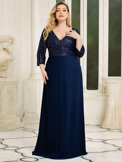 Plus Size Sexy V Neck A-Line Sequin Evening Dress with Sleeve #color_Navy Blue