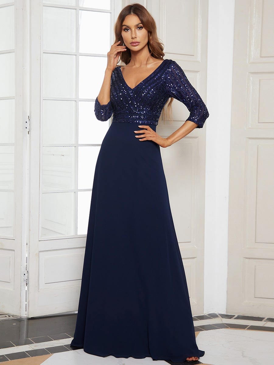 Sexy V Neck A-Line Sequin Evening Dresses with 3/4 Sleeve #color_Navy Blue