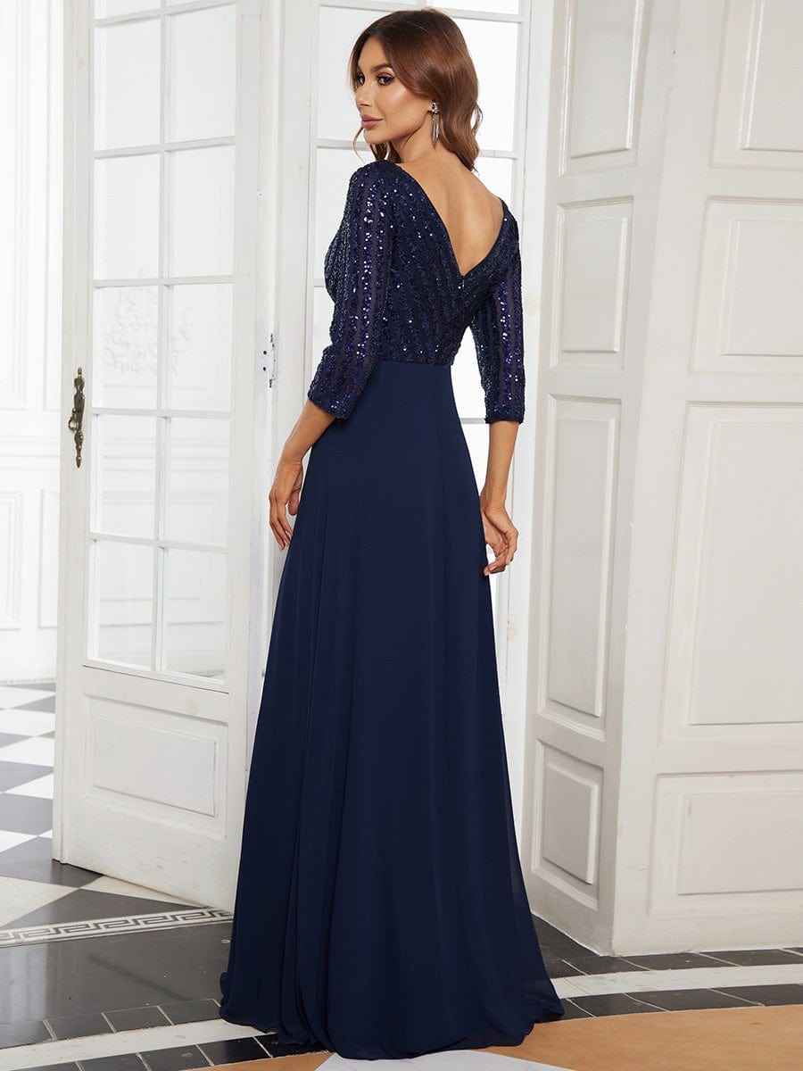 Sexy V Neck A-Line Sequin Evening Dresses with 3/4 Sleeve #color_Navy Blue