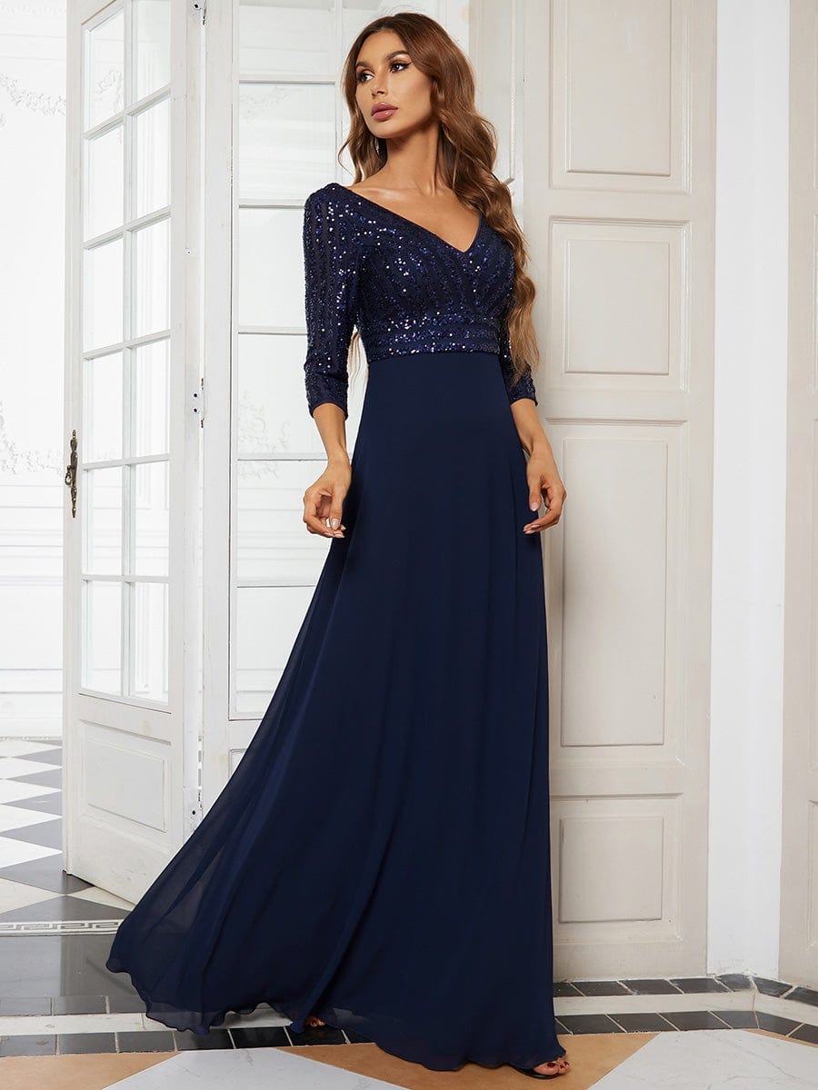Custom Size Sexy V Neck A-Line Sequin Evening Dresses with 3/4 Sleeve #color_Navy Blue