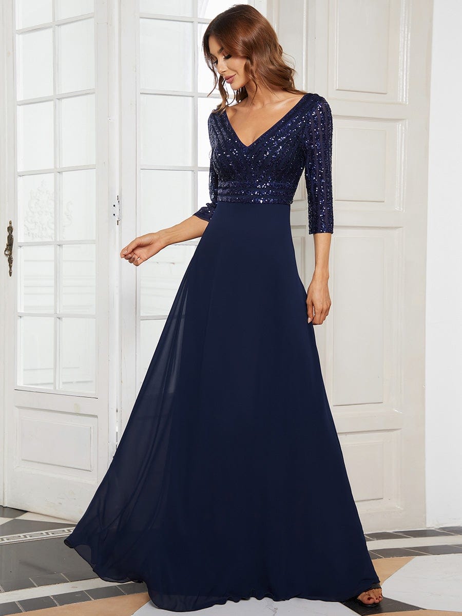 Sexy V Neck A-Line Sequin Evening Dresses with 3/4 Sleeve