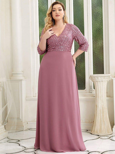 Plus Size Sexy V Neck A-Line Sequin Evening Dress with Sleeve #color_Purple Orchid