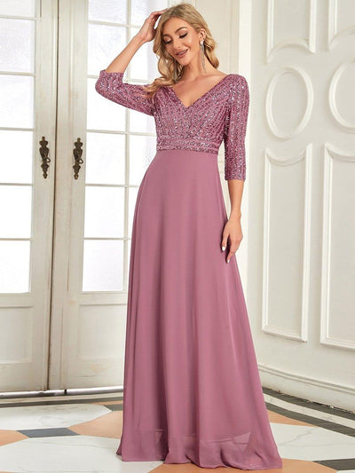 Sexy V Neck A-Line Sequin Evening Dresses with 3/4 Sleeve #color_Purple Orchid