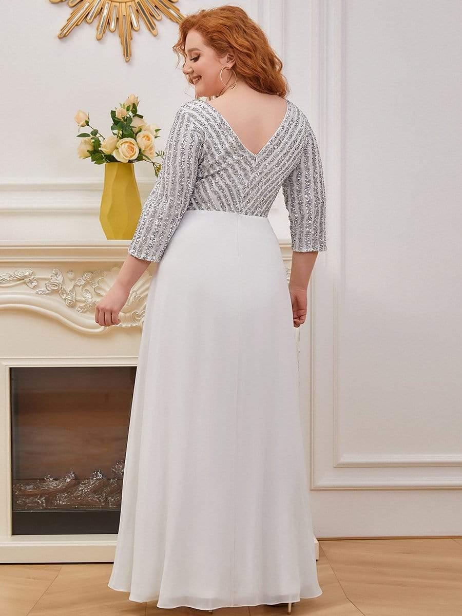 Plus Size Sexy V Neck A-Line Sequin Evening Dress with Sleeve #color_White