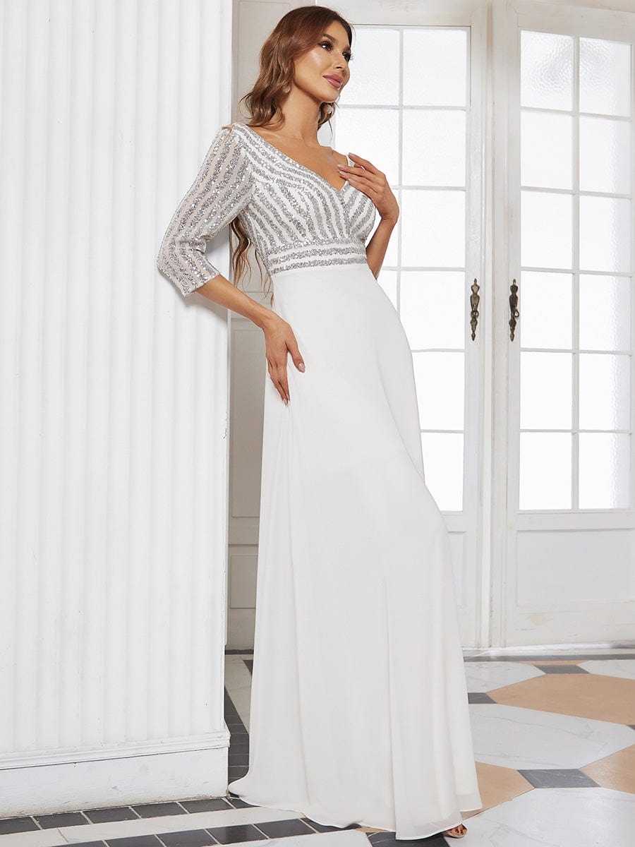 Custom Size Sexy V Neck A-Line Sequin Evening Dresses with 3/4 Sleeve #color_White