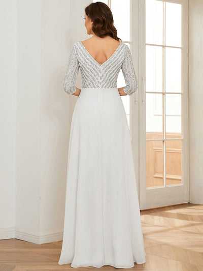 Sexy V Neck A-Line Sequin Evening Dresses with 3/4 Sleeve #color_White