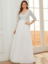 Sexy V Neck A-Line Sequin Evening Dresses with 3/4 Sleeve #color_White