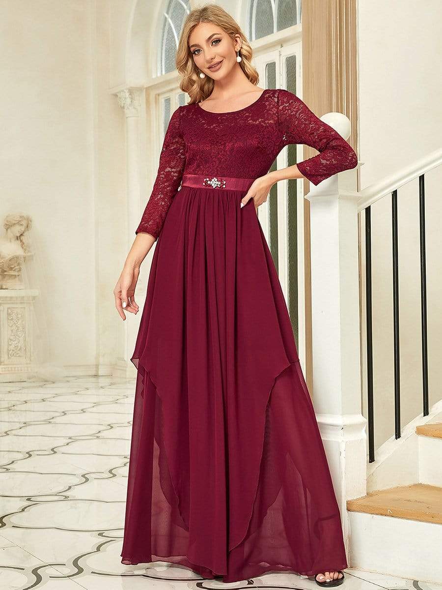 Lace 3/4 Sleeve Floor Length Mother of the Bride Dresses #color_Burgundy