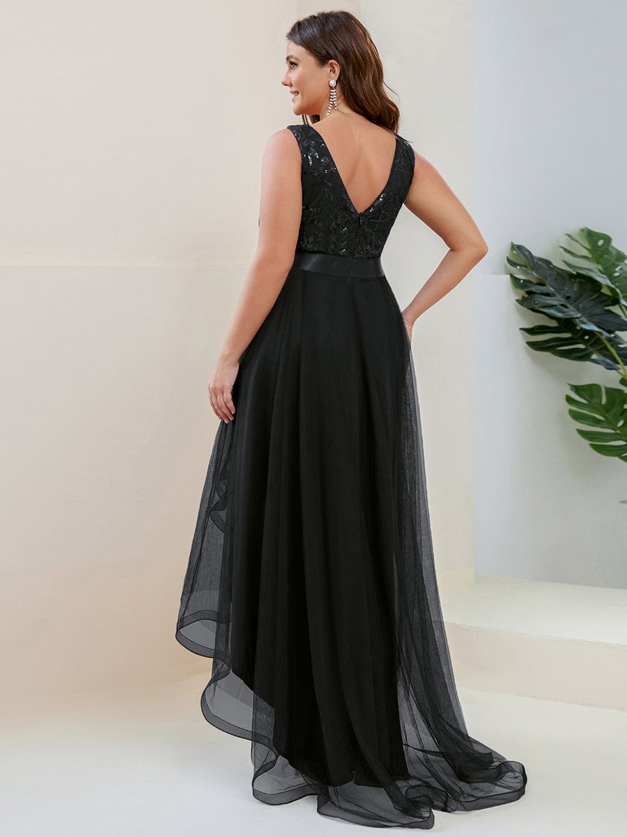 Plus Size High-Low Deep V Neck Tulle Evening Dresses with Sequins #color_Black