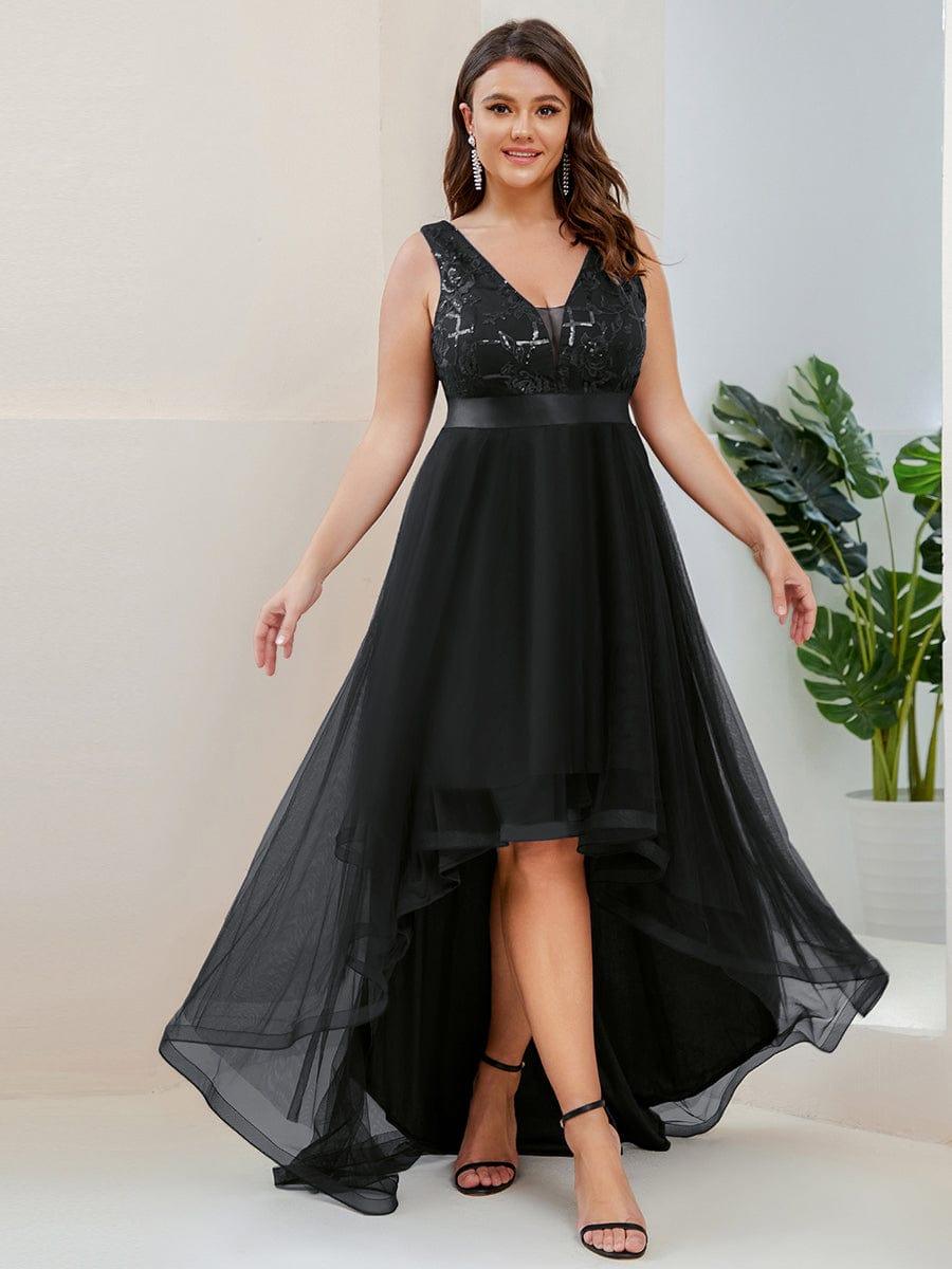 Plus Size High-Low Deep V Neck Tulle Evening Dresses with Sequins #color_Black