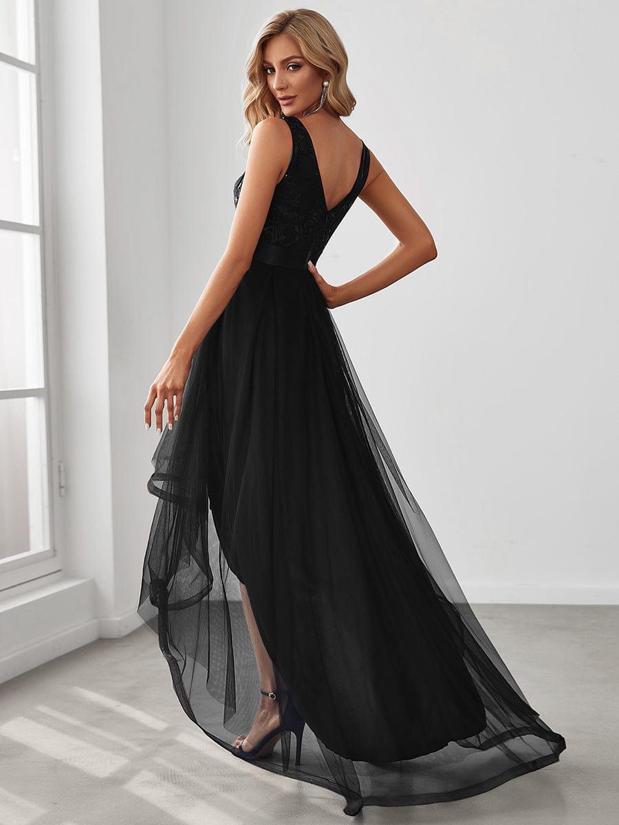 Fashion High-Low Deep V Neck Tulle Prom Dresses with Sequin Appliques #color_Black