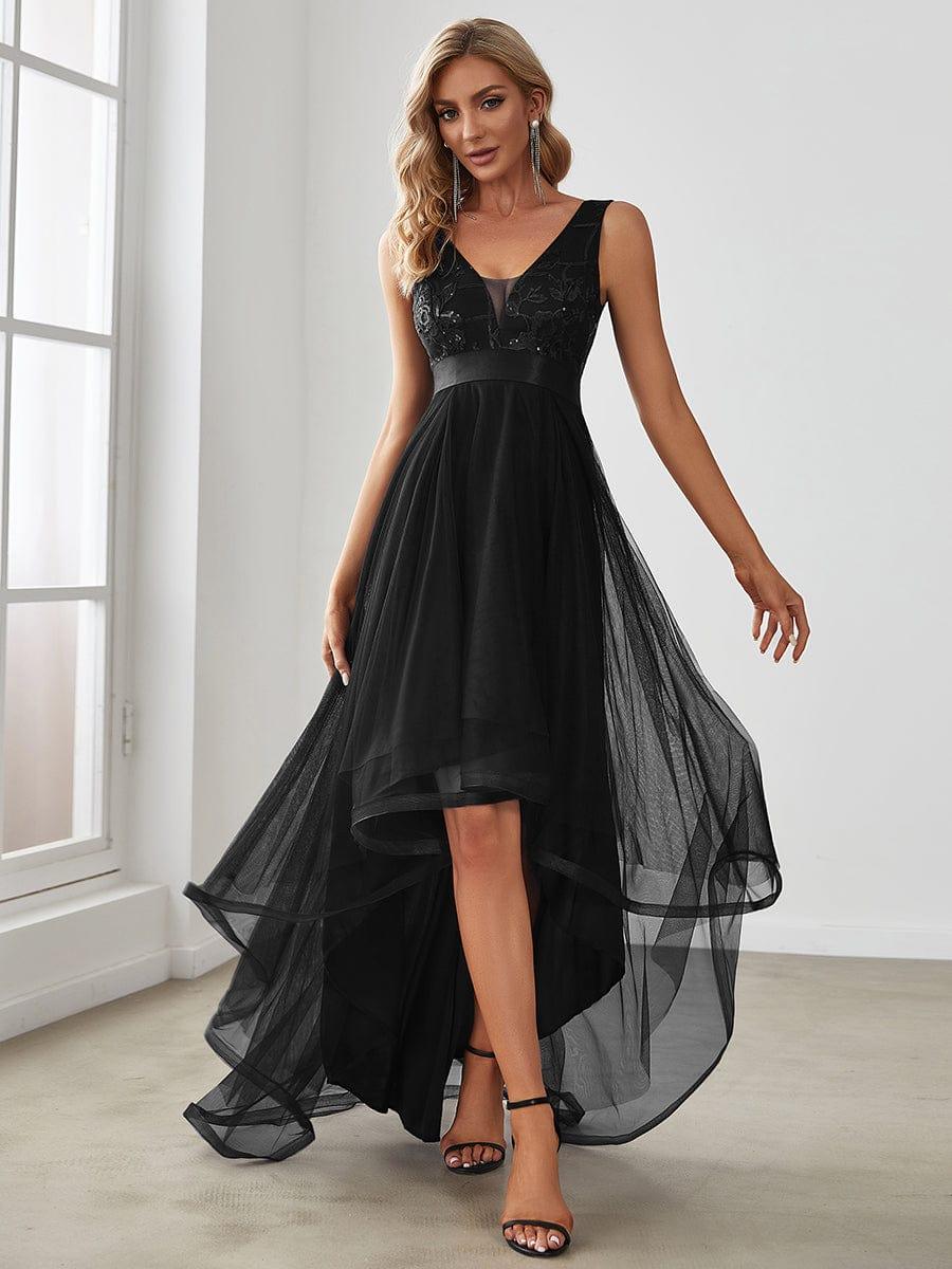SASHIA Fashion High Low Deep V Neck Tulle Prom Dresses Sequin Appliques