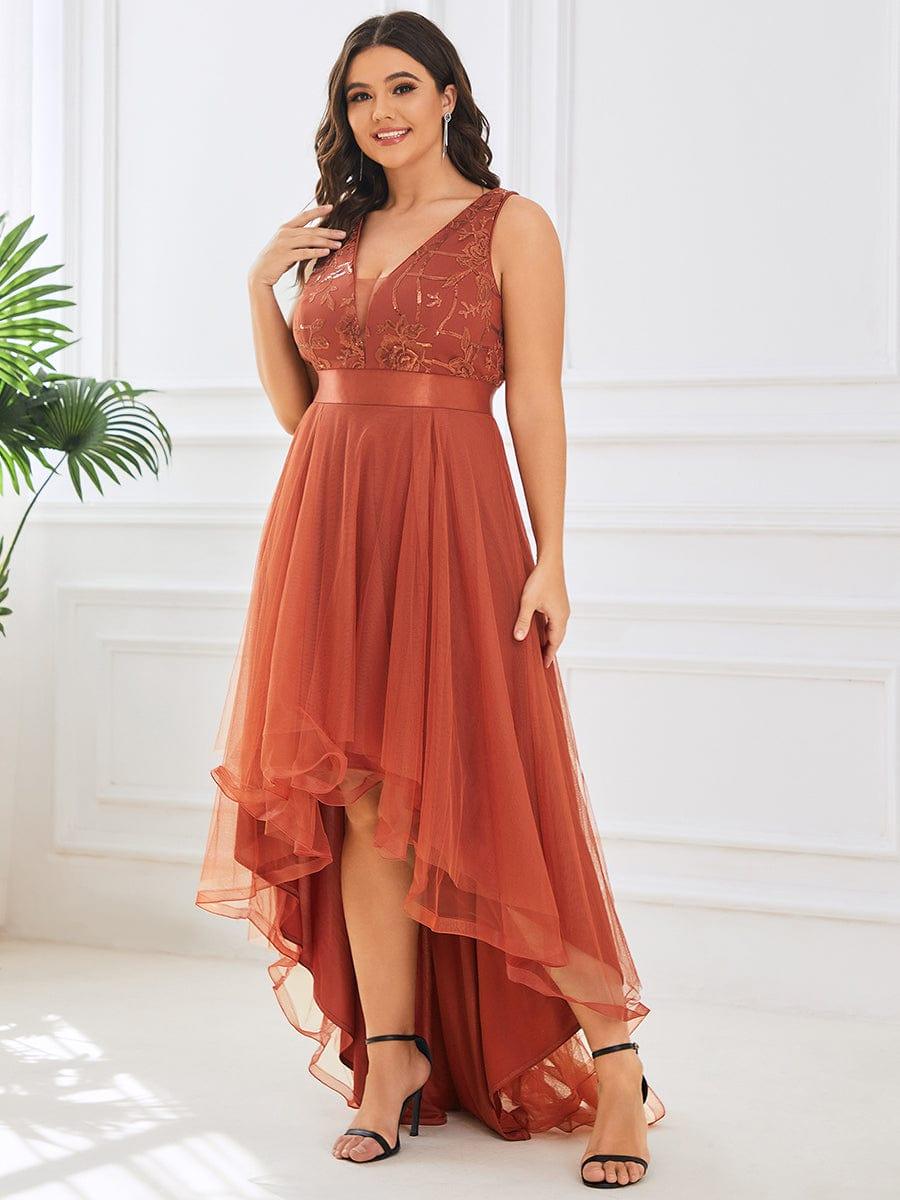 Plus Size High-Low Deep V Neck Tulle Evening Dresses with Sequins #color_Burnt Orange