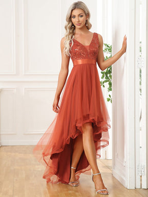 High-Low Deep V Neck Tulle Sequin Prom Dresses