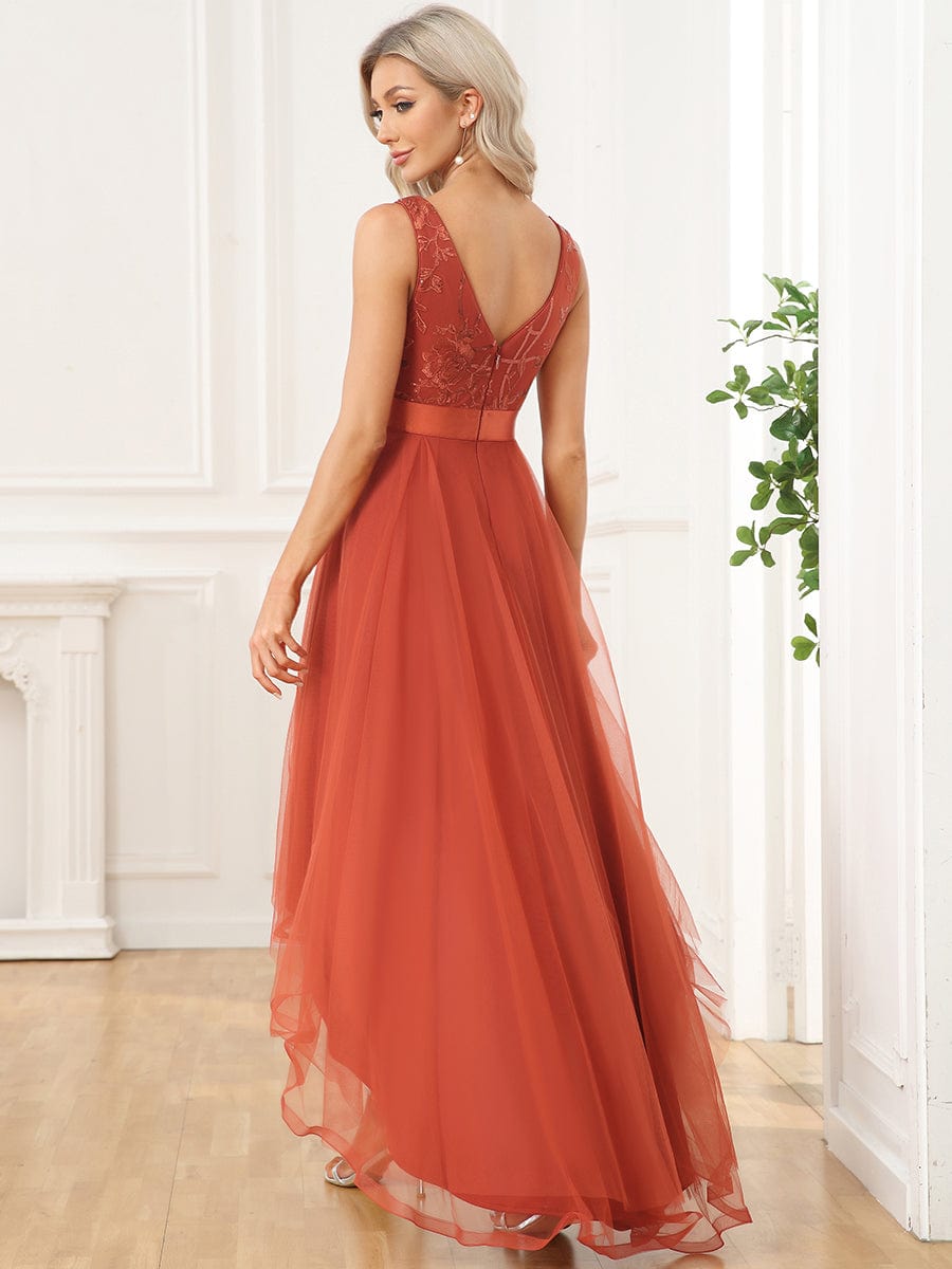 High-Low Deep V Neck Tulle Sequin Prom Dresses