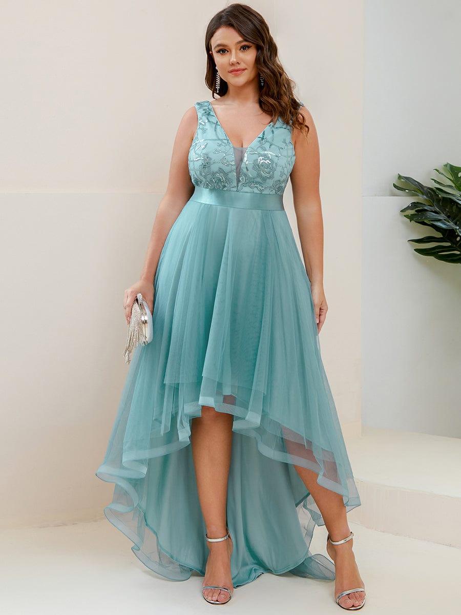 Fashion High-Low Deep V Neck Tulle Prom Dresses with Sequin Appliques