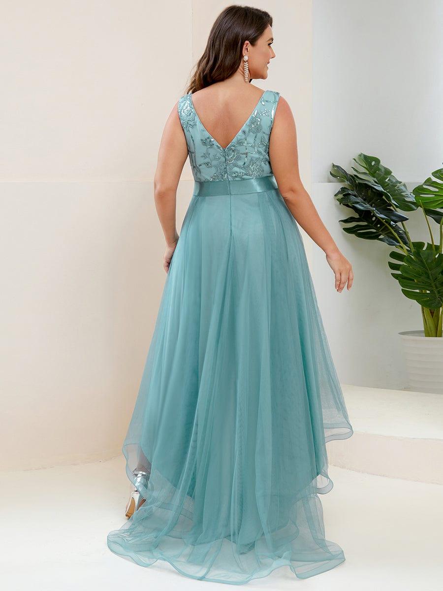 Custom Size Elegant High-Low Deep V Neck Tulle Evening Dresses with Sequins #color_Light Teal