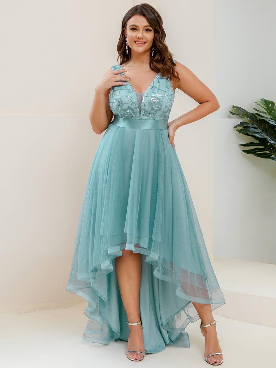 Plus Size High-Low Deep V Neck Tulle Evening Dresses with Sequins #color_Light Teal