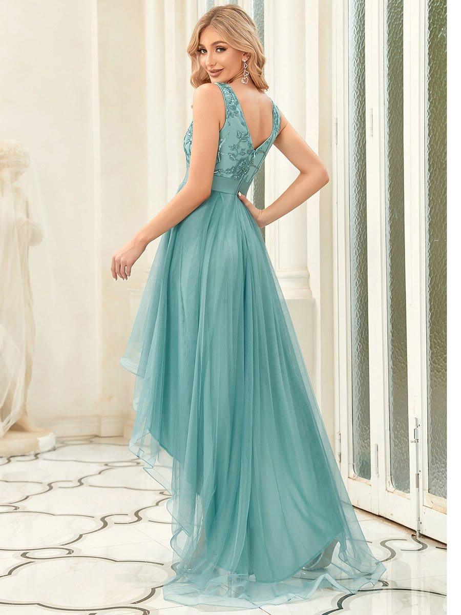 Elegant High-Low Deep V Neck Tulle Evening Dresses with Sequins #color_Light Teal