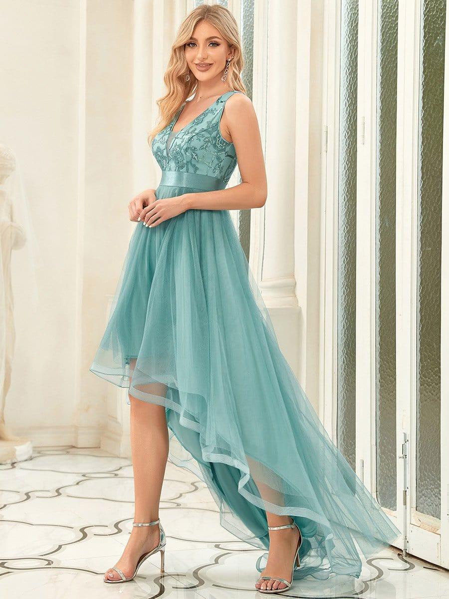 Custom Size Elegant High-Low Deep V Neck Tulle Evening Dresses with Sequins #color_Light Teal
