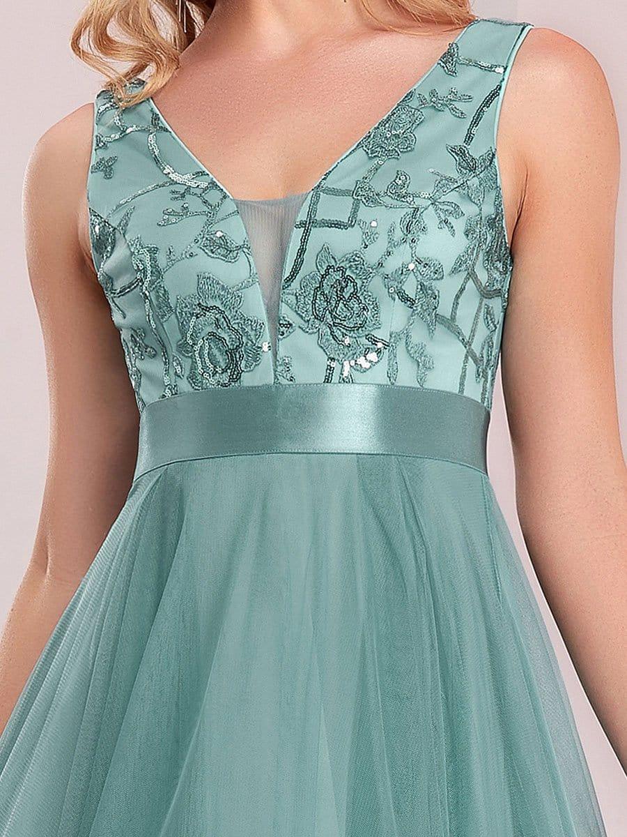 Custom Size Elegant High-Low Deep V Neck Tulle Evening Dresses with Sequins #color_Light Teal