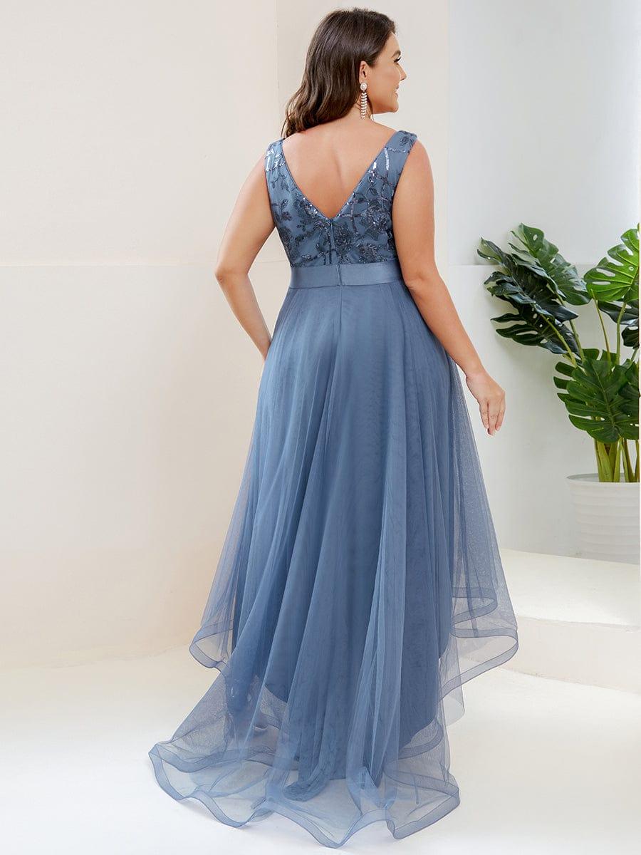 Custom Size Elegant High-Low Deep V Neck Tulle Evening Dresses with Sequins #color_Dusty Blue