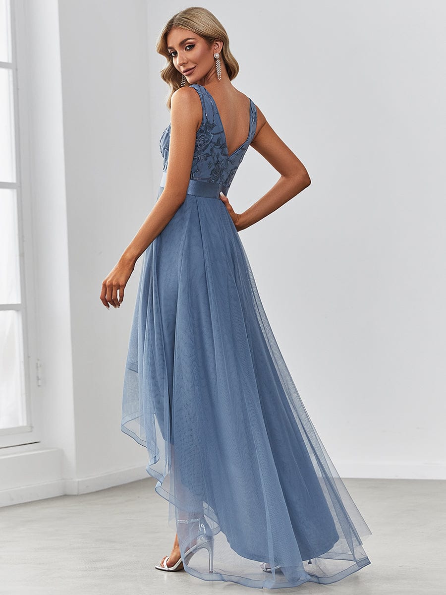 Elegant High-Low Deep V Neck Tulle Evening Dresses with Sequins #color_Dusty Navy