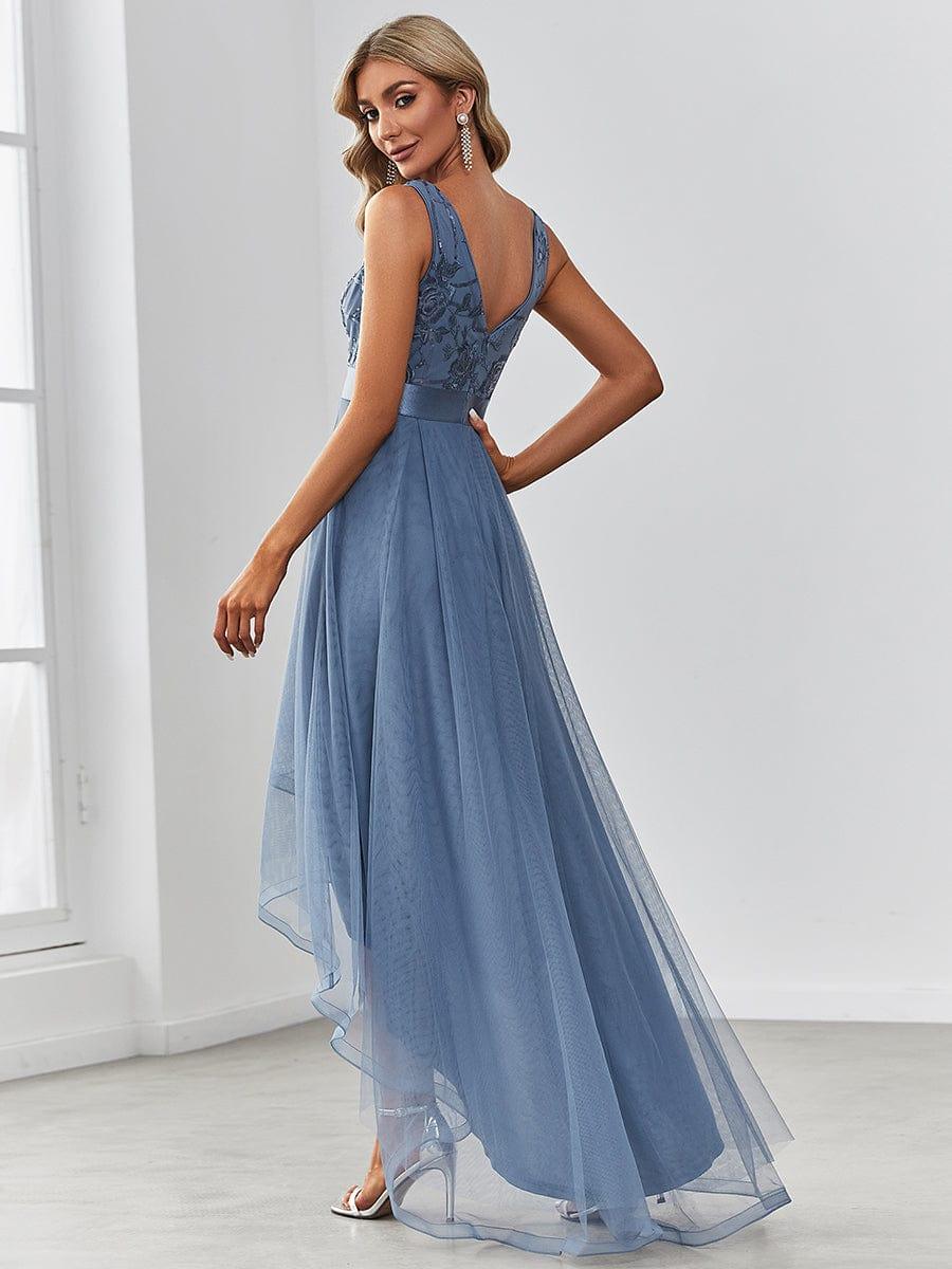Elegant High-Low Deep V Neck Tulle Evening Dresses with Sequins #color_Dusty Blue