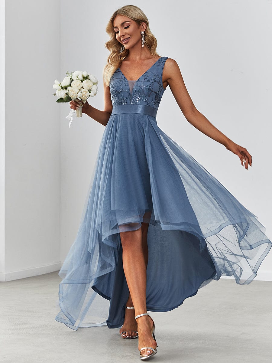 V-Neck Sleeveless Tulle High-Low Evening Dresses with Sequins - Ever ...