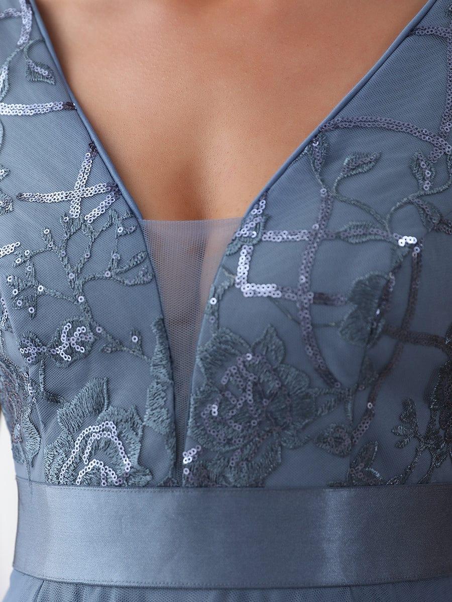 Elegant High-Low Deep V Neck Tulle Evening Dresses with Sequins #color_Dusty Blue