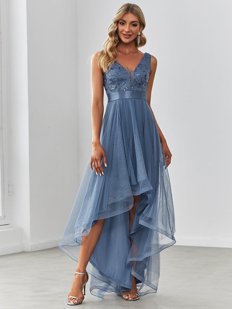 Custom Size Elegant High-Low Deep V Neck Tulle Evening Dresses with Sequins #color_Dusty Navy