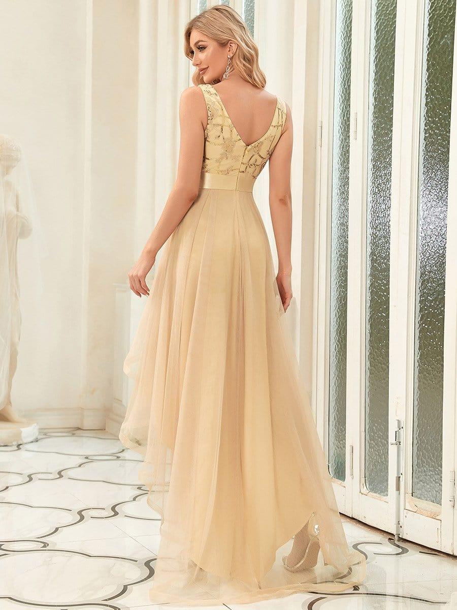 Elegant High-Low Deep V Neck Tulle Evening Dresses with Sequins #color_Gold