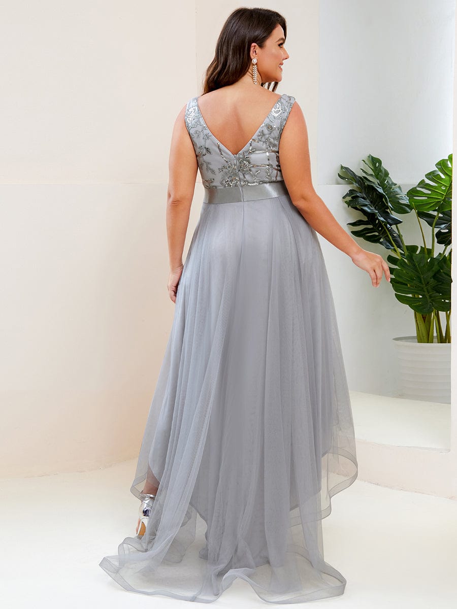 Plus Size High-Low Deep V Neck Tulle Evening Dresses with Sequins #color_Grey