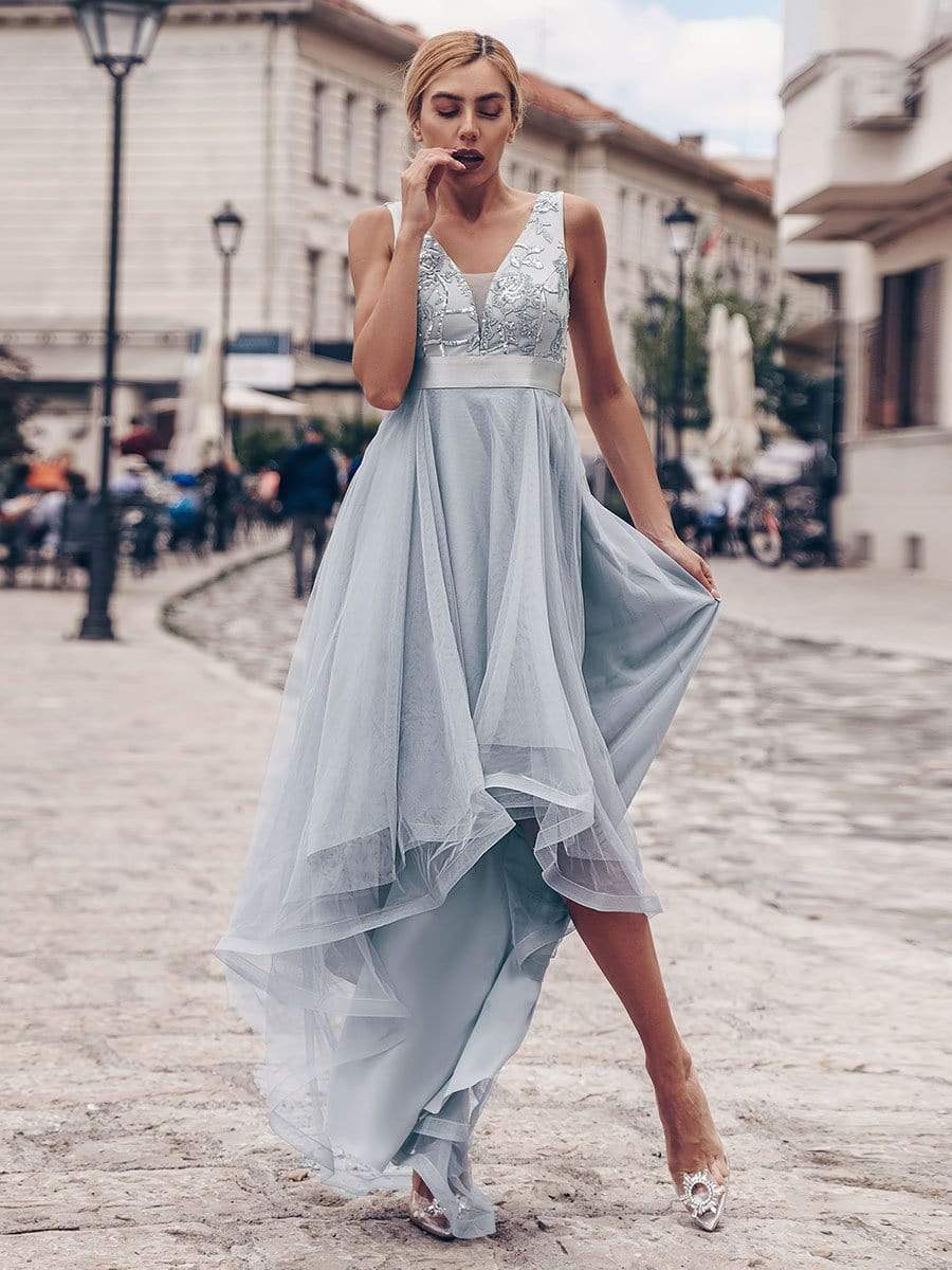 Custom Size Elegant High-Low Deep V Neck Tulle Evening Dresses with Sequins #color_Grey