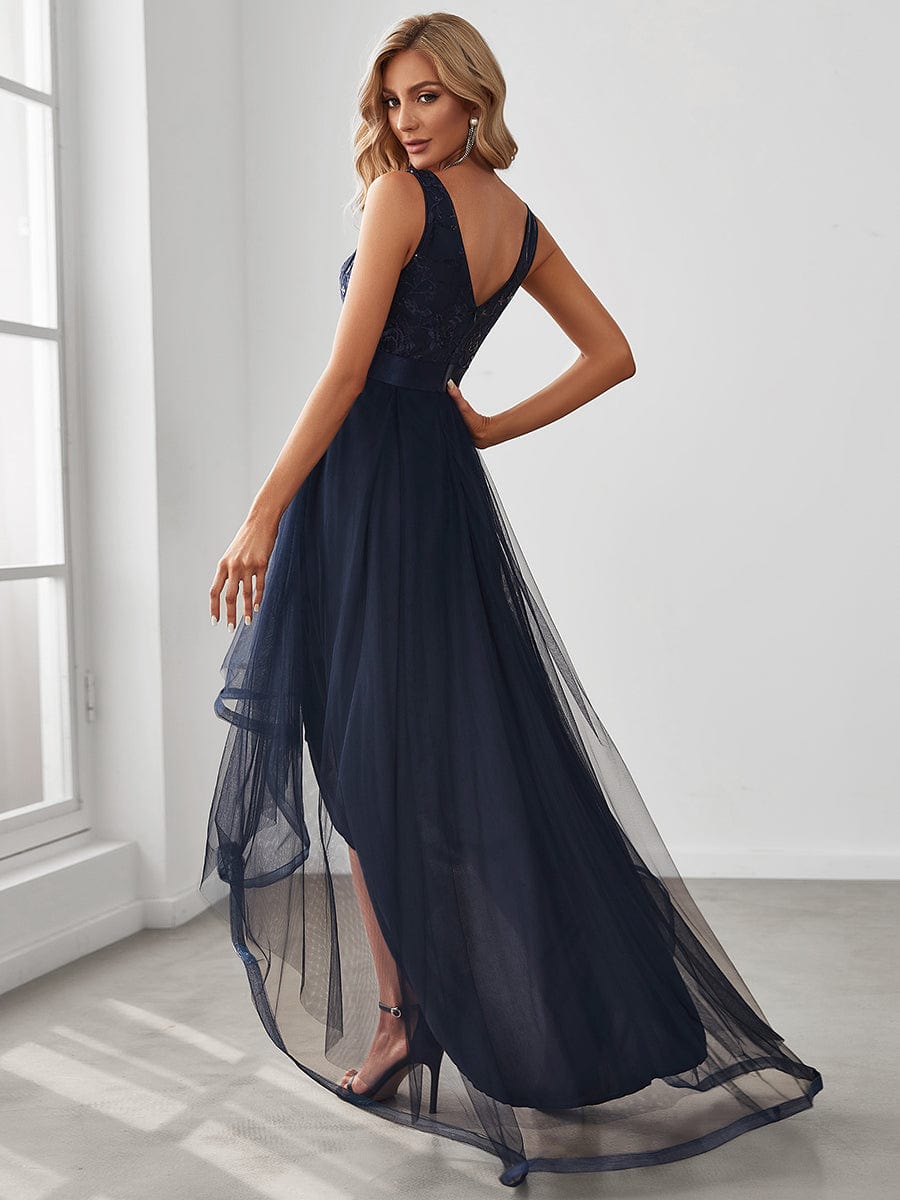 Elegant High-Low Deep V Neck Tulle Evening Dresses with Sequins