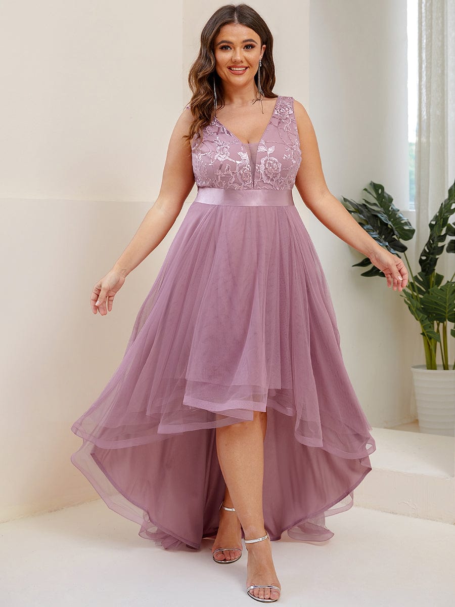 Custom Size Elegant High-Low Deep V Neck Tulle Evening Dresses with Sequins