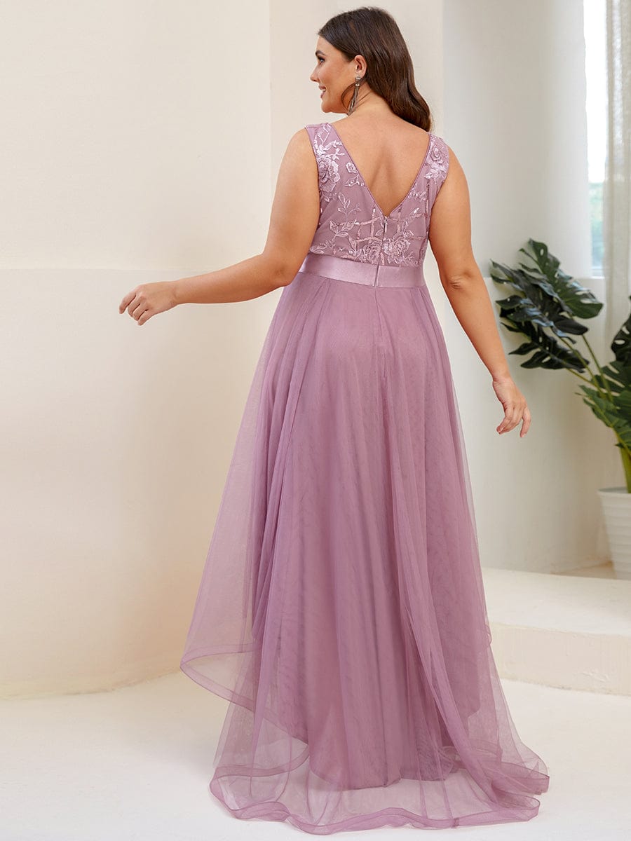 Plus Size High-Low Deep V Neck Tulle Evening Dresses with Sequins