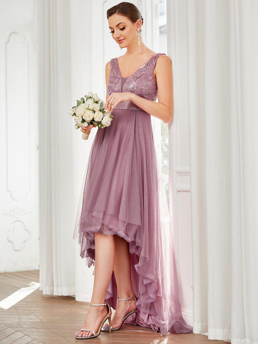 Elegant High-Low Deep V Neck Tulle Evening Dresses with Sequins #color_Purple Orchid