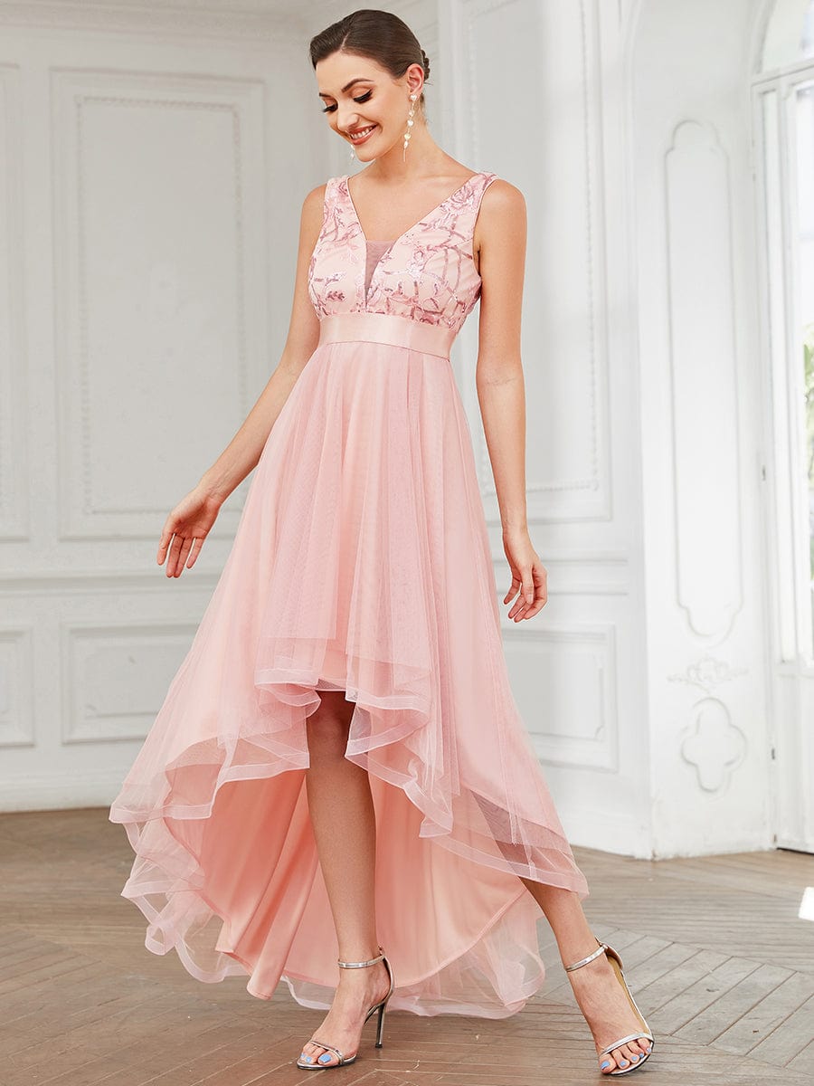 Fashion High-Low Deep V Neck Tulle Prom Dresses with Sequin Appliques #color_Pink