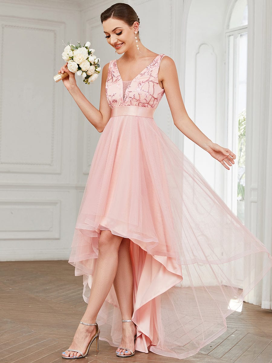 Elegant High-Low Deep V Neck Tulle Evening Dresses with Sequins #color_Pink