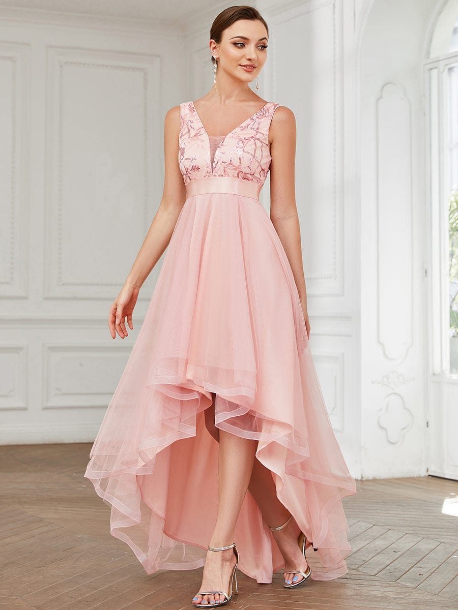Custom Size Elegant High-Low Deep V Neck Tulle Evening Dresses with Sequins #color_Pink