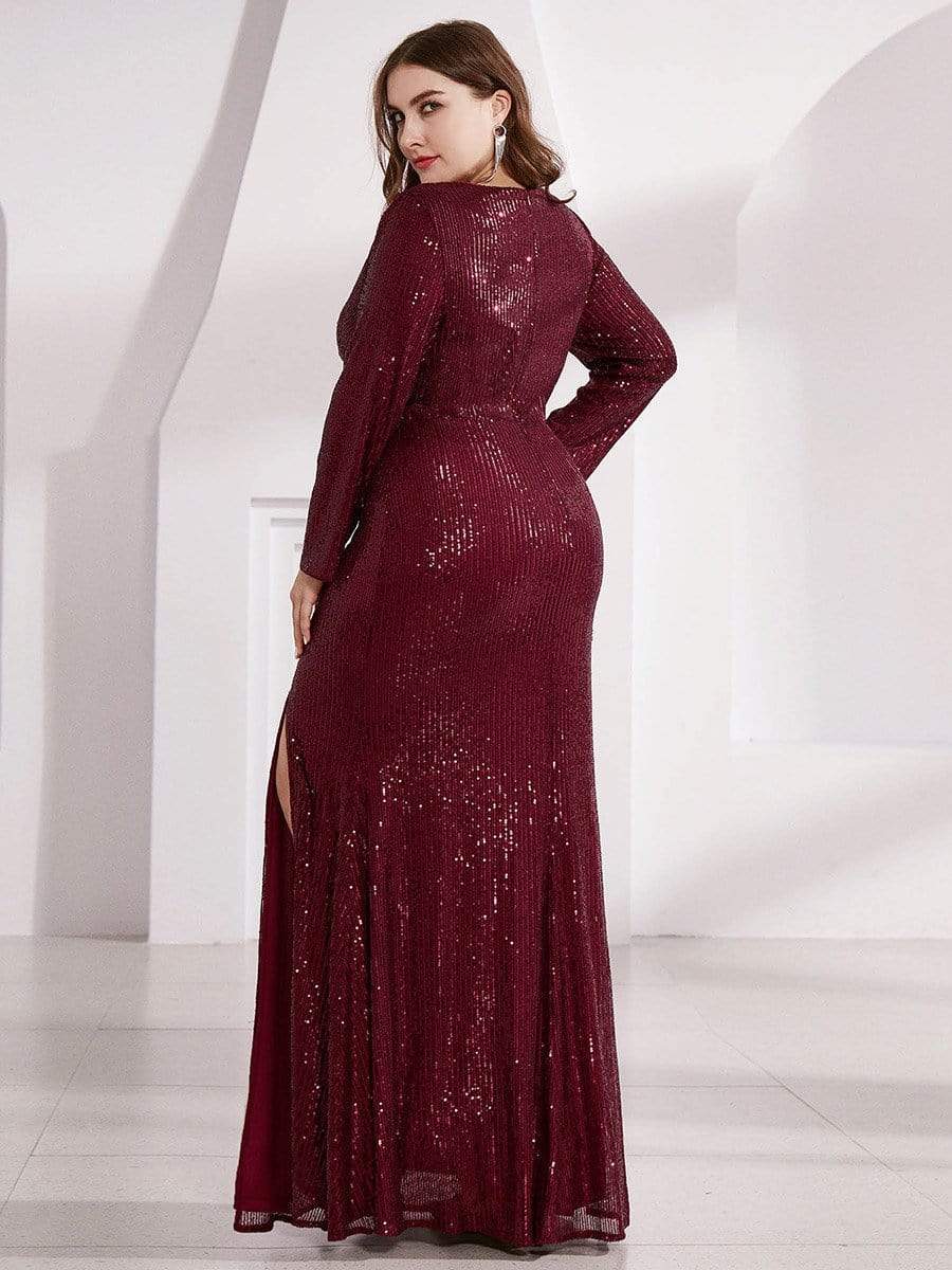 Shiny V Neck Plus Size Sequin Evening Party Dress with Long Sleeve #color_Burgundy