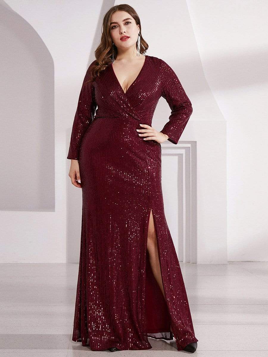 Shiny V Neck Plus Size Sequin Evening Party Dress with Long Sleeve #color_Burgundy