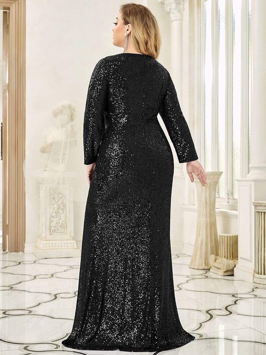 Shiny V Neck Plus Size Sequin Evening Party Dress with Long Sleeve #color_Black
