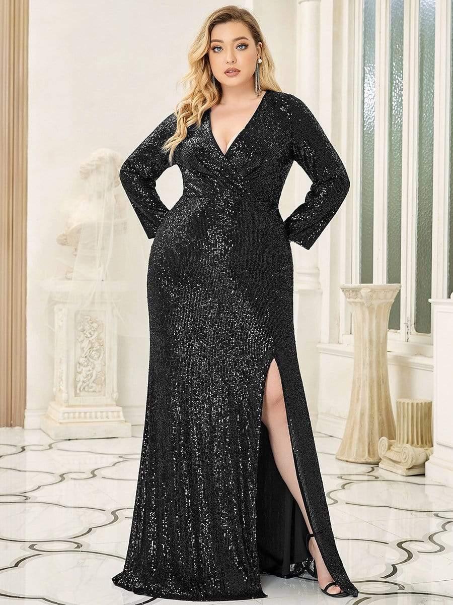 Shiny V Neck Plus Size Sequin Evening Party Dress with Long Sleeve