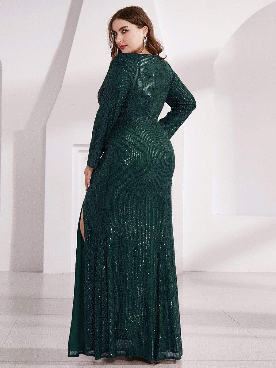 Shiny V Neck Plus Size Sequin Evening Party Dress with Long Sleeve #color_Dark Green