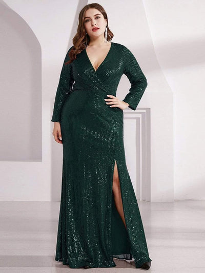 Shiny V Neck Plus Size Sequin Evening Party Dress with Long Sleeve #color_Dark Green