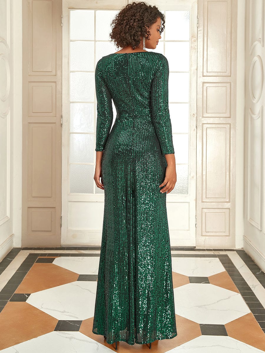 Shiny V Neck Sequin Evening Party Dress with Long Sleeve #color_Dark Green