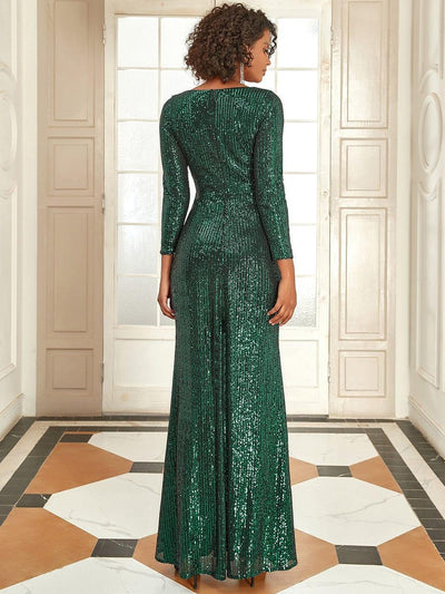 Shiny V Neck Sequin Evening Party Dress with Long Sleeve #color_Dark Green
