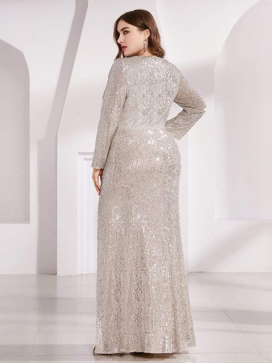 Shiny V Neck Plus Size Sequin Evening Party Dress with Long Sleeve